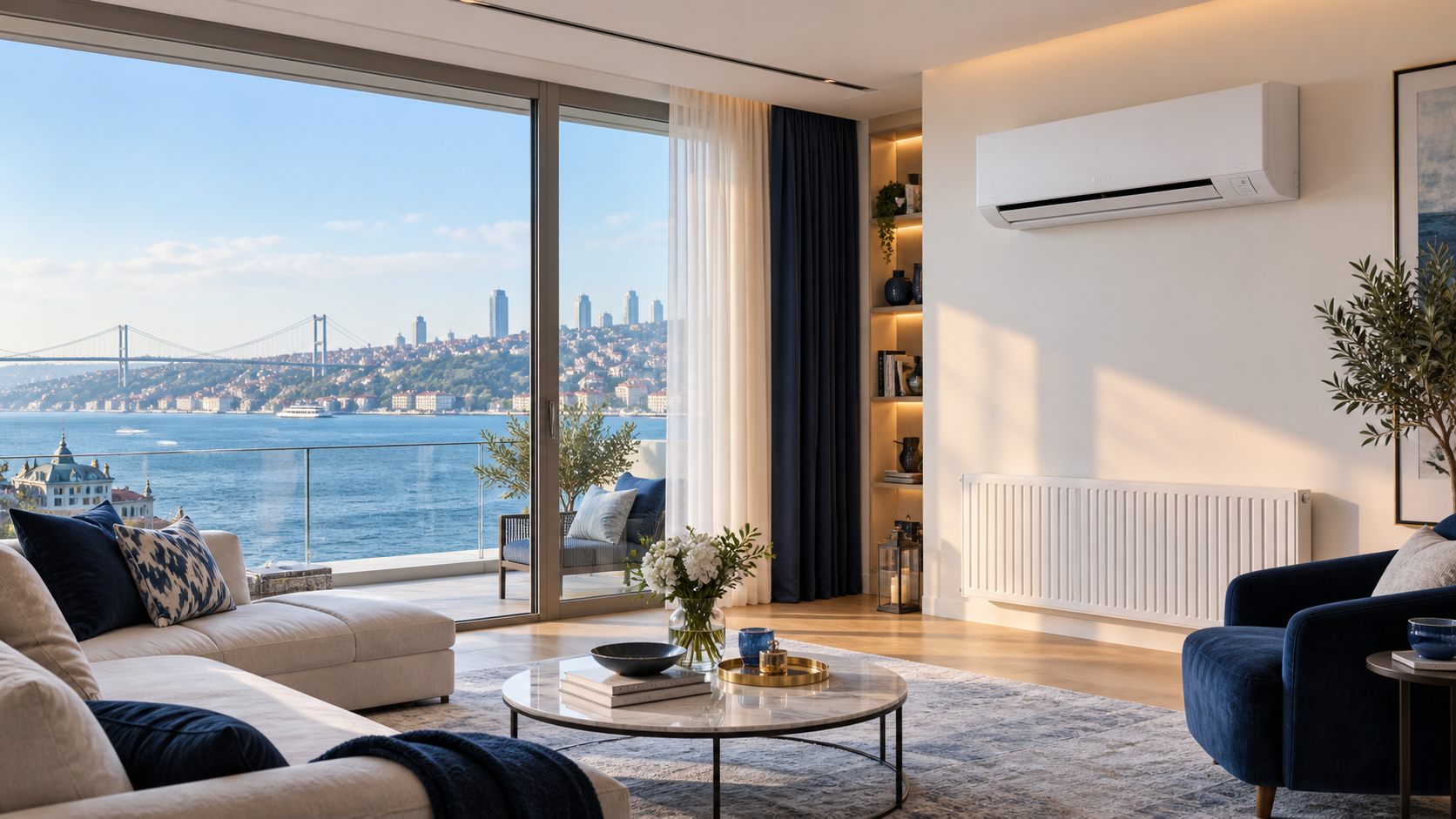 İstanbul manzaralı modern bir salonda klima ve ısıtma sistemi